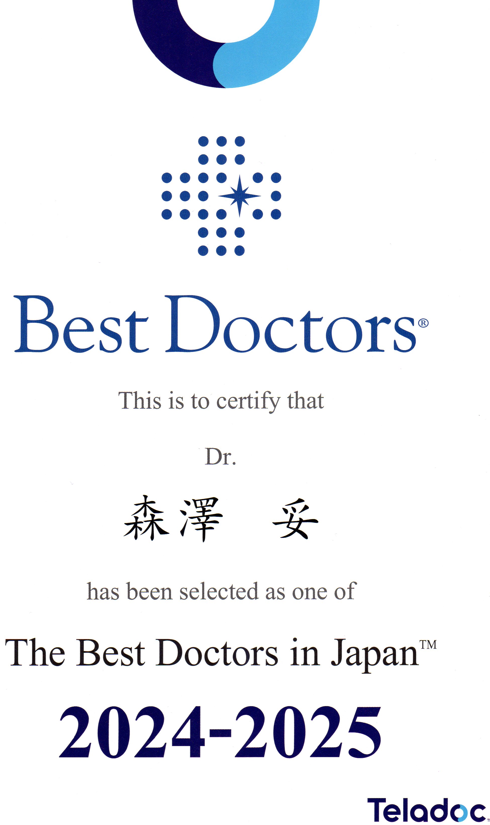 森澤理事長がBest Doctors in Japan 2024-2025に選出されました
